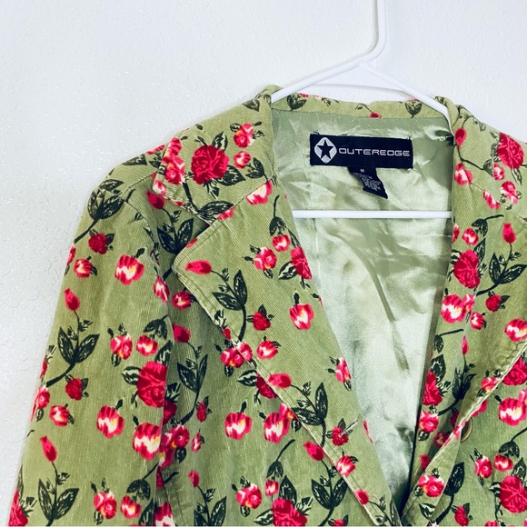 Outer Edge Boho Green Floral Corduroy Button Front Blazer Jacket Medium - Picture 3 of 7